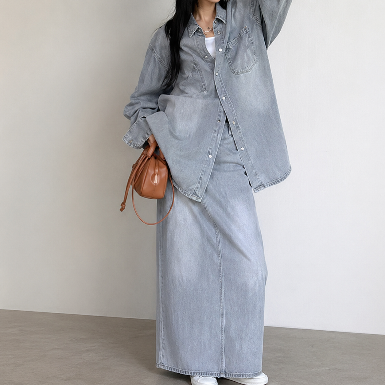 Conjunto Denim Oversize Camisa + Falda Larga