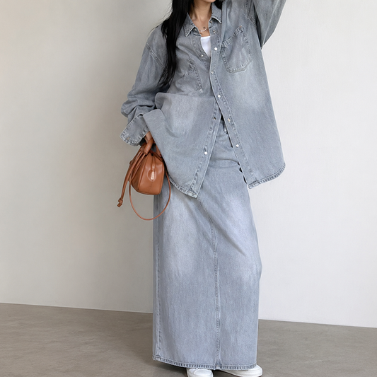 Conjunto Denim Oversize Camisa + Falda Larga