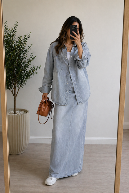 Conjunto Denim Oversize Camisa + Falda Larga