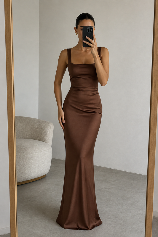 Vestido Largo Satinado Marrón